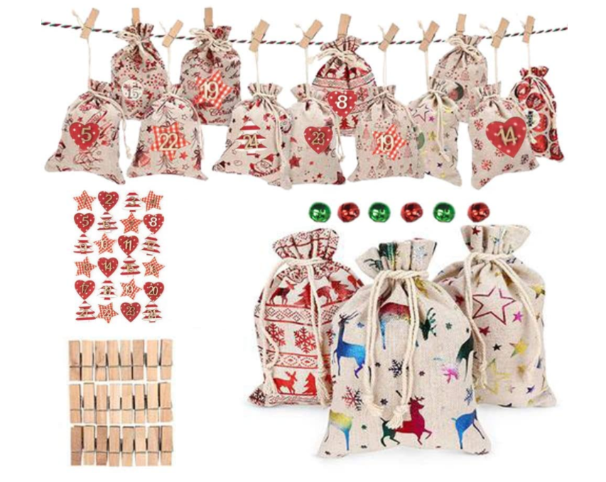 クリスマスのギフト袋 キャンディ 貯蔵の巾着袋、24ポケット、キャンバスの巾着袋、子供のための技術の詰物を満たすためのアドベント カレンダー