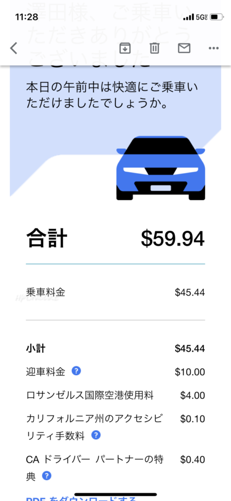 Uber(ウーバー)　アナハイムからロサンゼルス空港